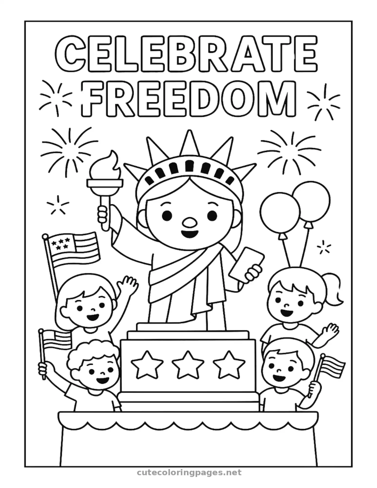 Lady Liberty celebrating freedom, Independence Day coloring sheet for children