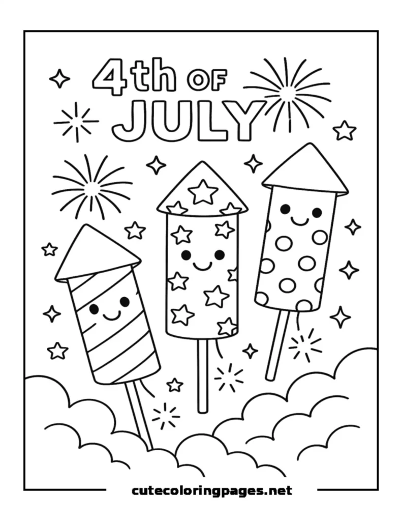 Smiling fireworks rockets, festive fourth of July coloring sheet for kids