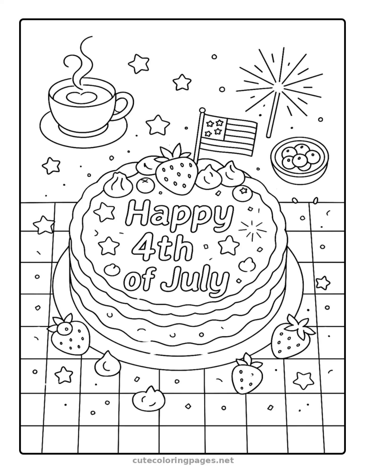 Decorated cake for the 4th of July, fun Independence Day coloring page for children