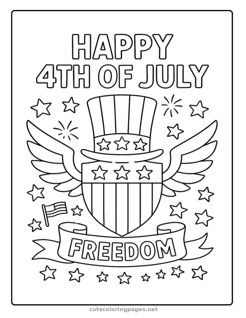 Wings of freedom shield, patriotic 4th of July coloring page for children