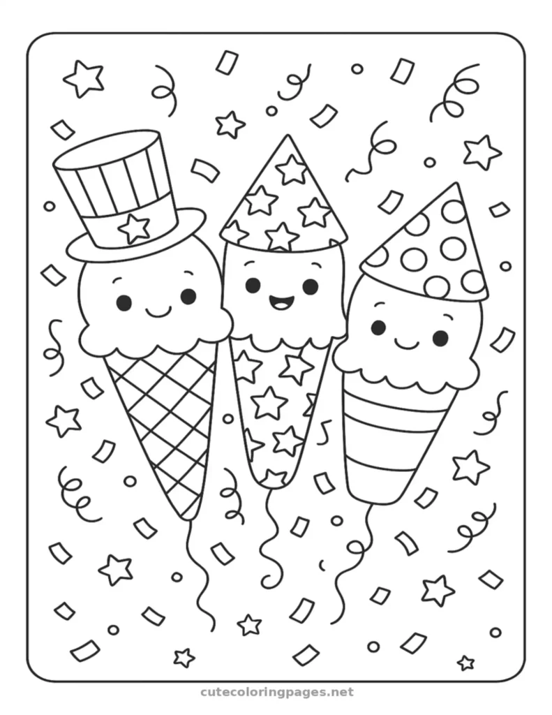 Festive ice cream cone with stars and stripes, 4th of July coloring page for children