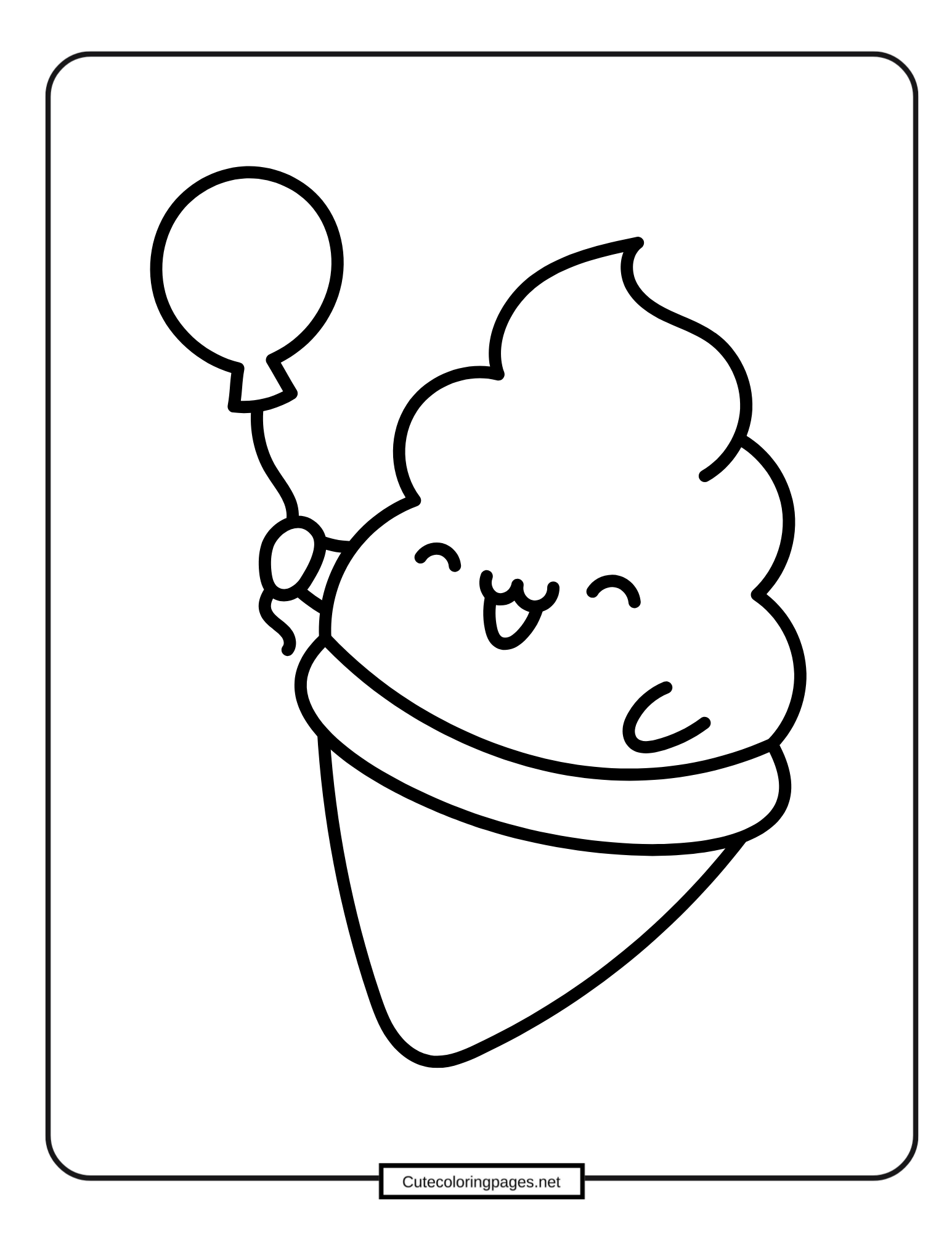 Ice cream cone holding a balloon, festive coloring page