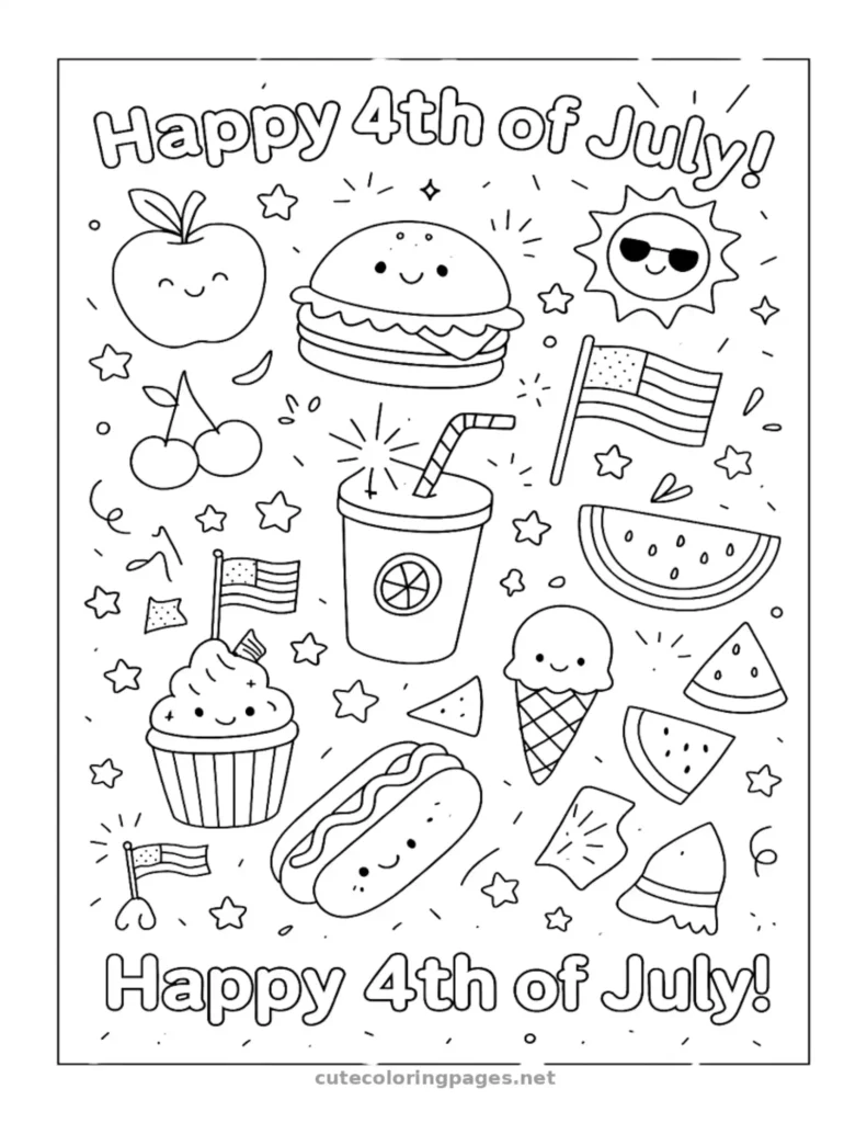 Kawaii style 4th of July foods, cute Independence Day coloring page for kids
