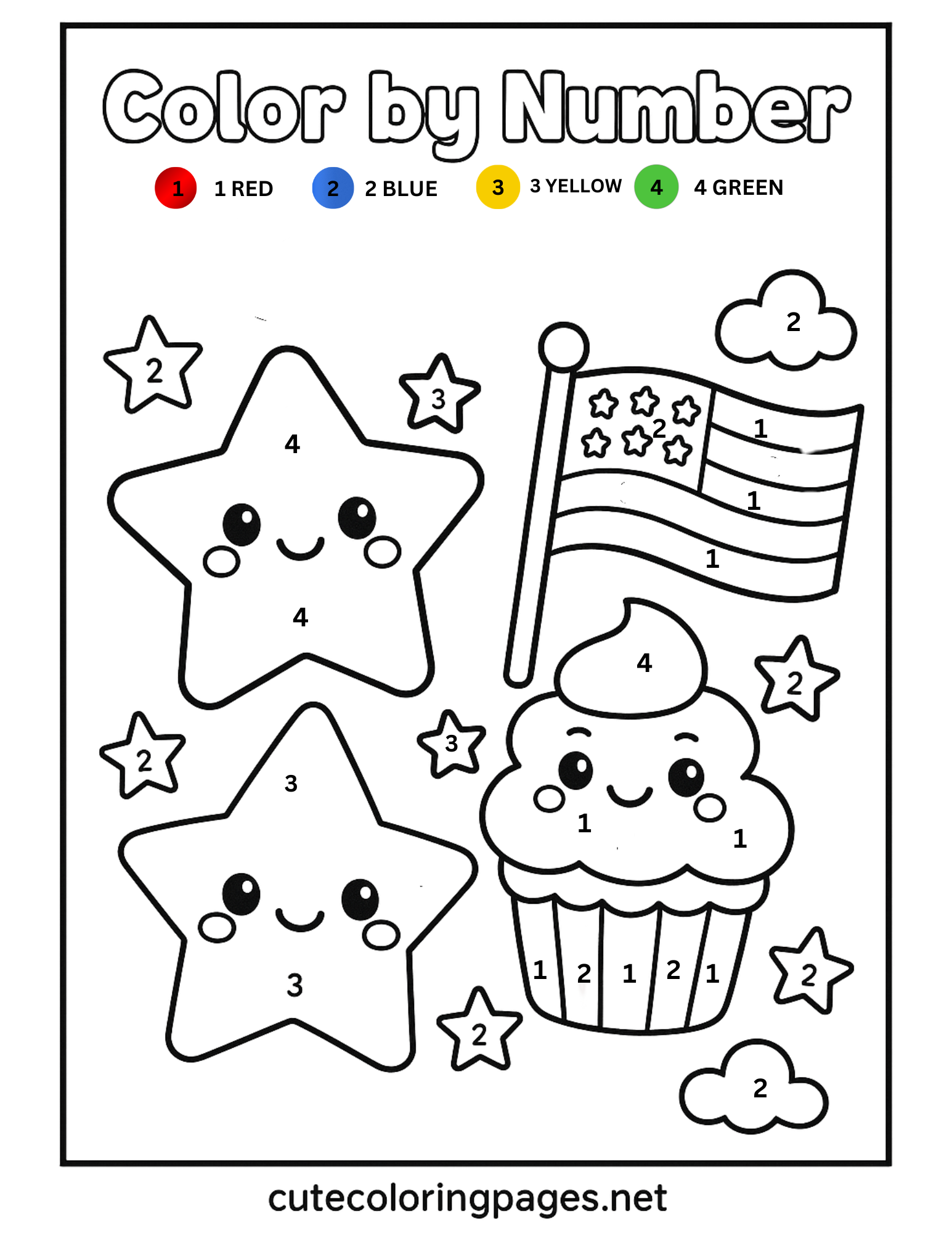 Kawaii style 4th of July color by number pages