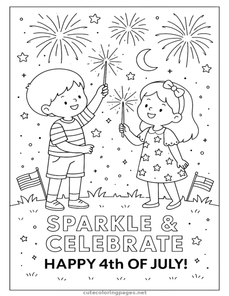 Children holding sparklers, 4th of July coloring page for kids
