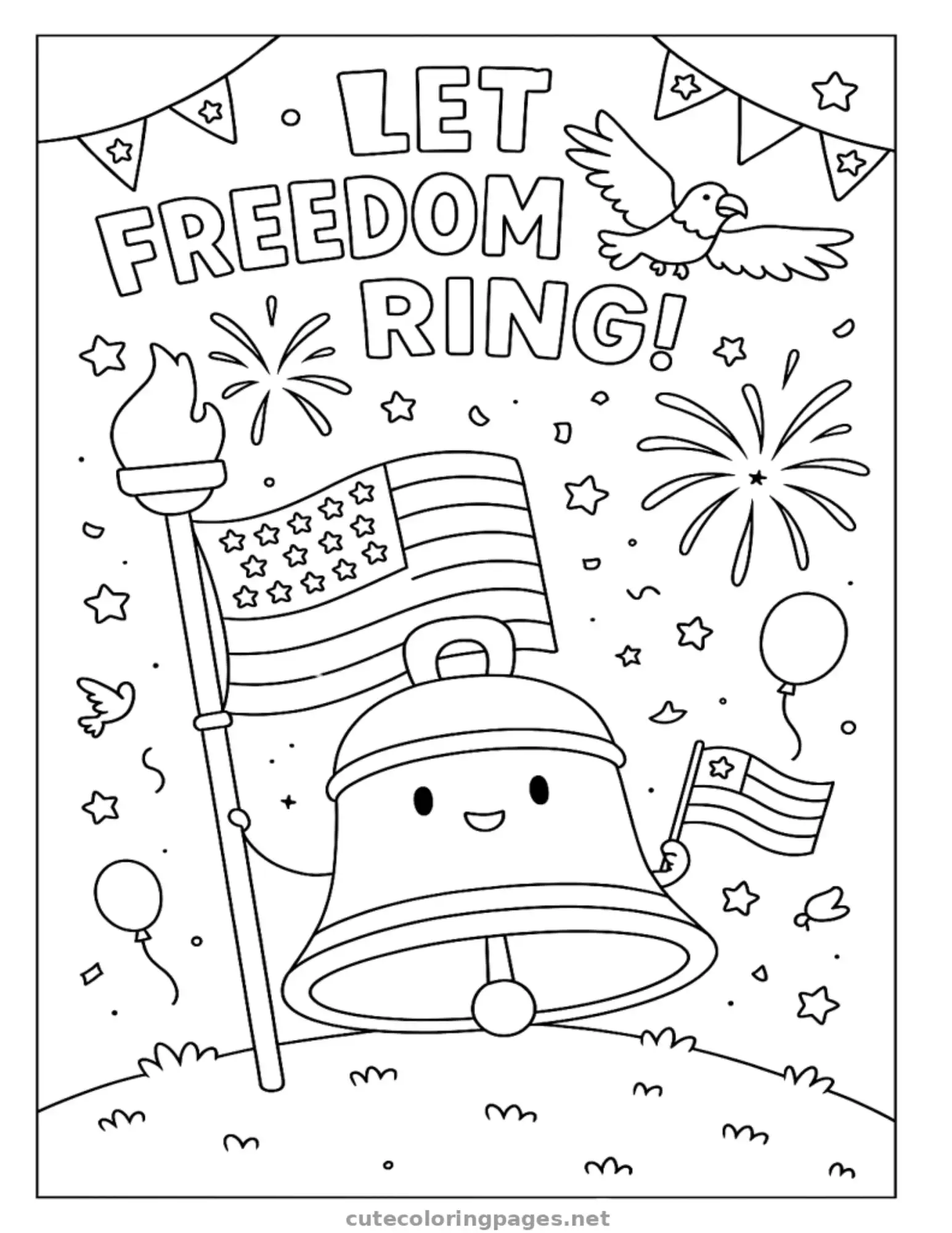 Liberty Bell with fireworks, patriotic 4th of July coloring page for children