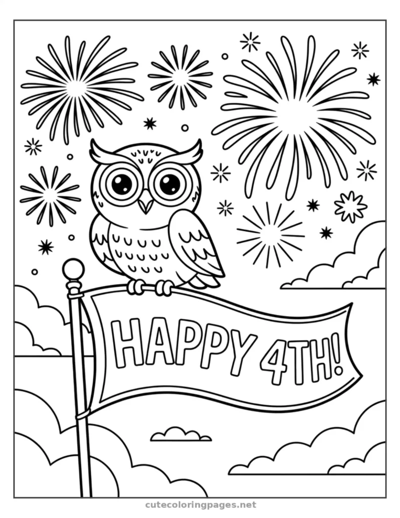Owl watching fireworks with a banner, 4th of July coloring page for kids