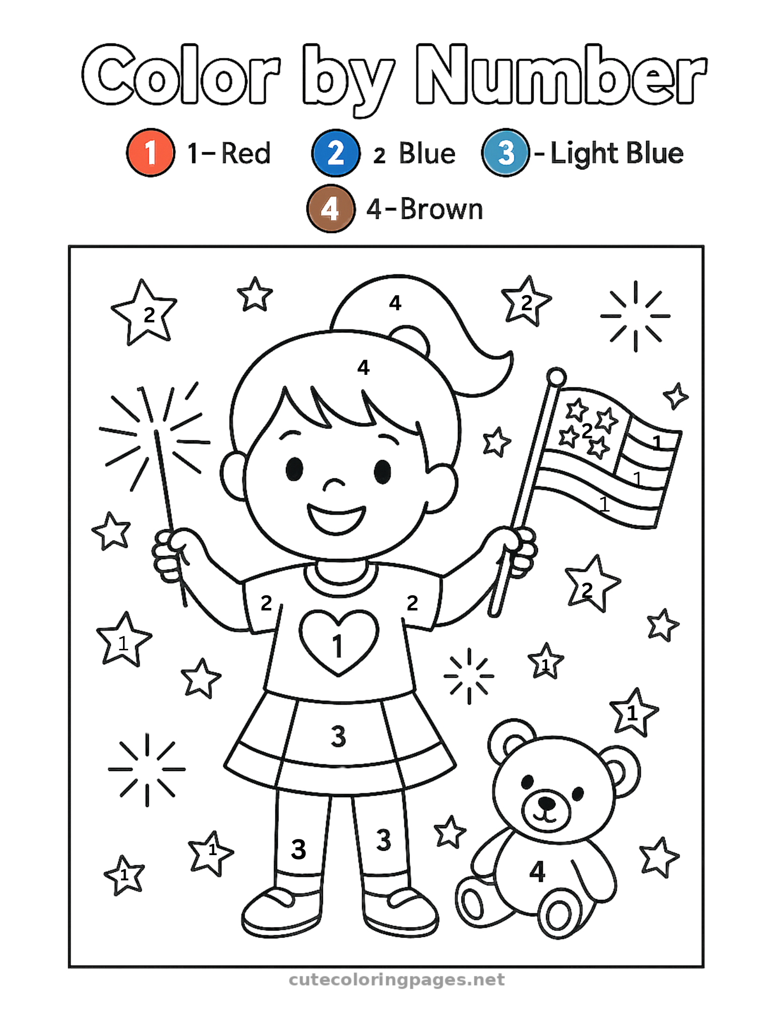 Patriotic girl and teddy bear 4th of July color by number page for kids