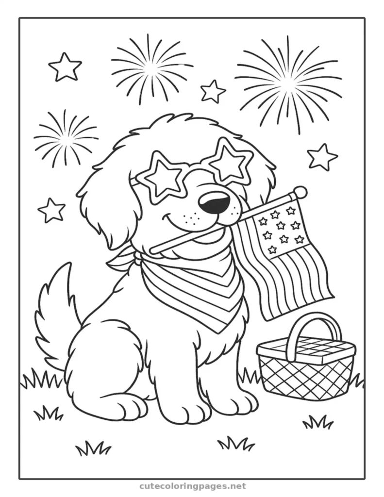 Patriotic puppy holding an American flag with fireworks, 4th of July coloring pages for kids