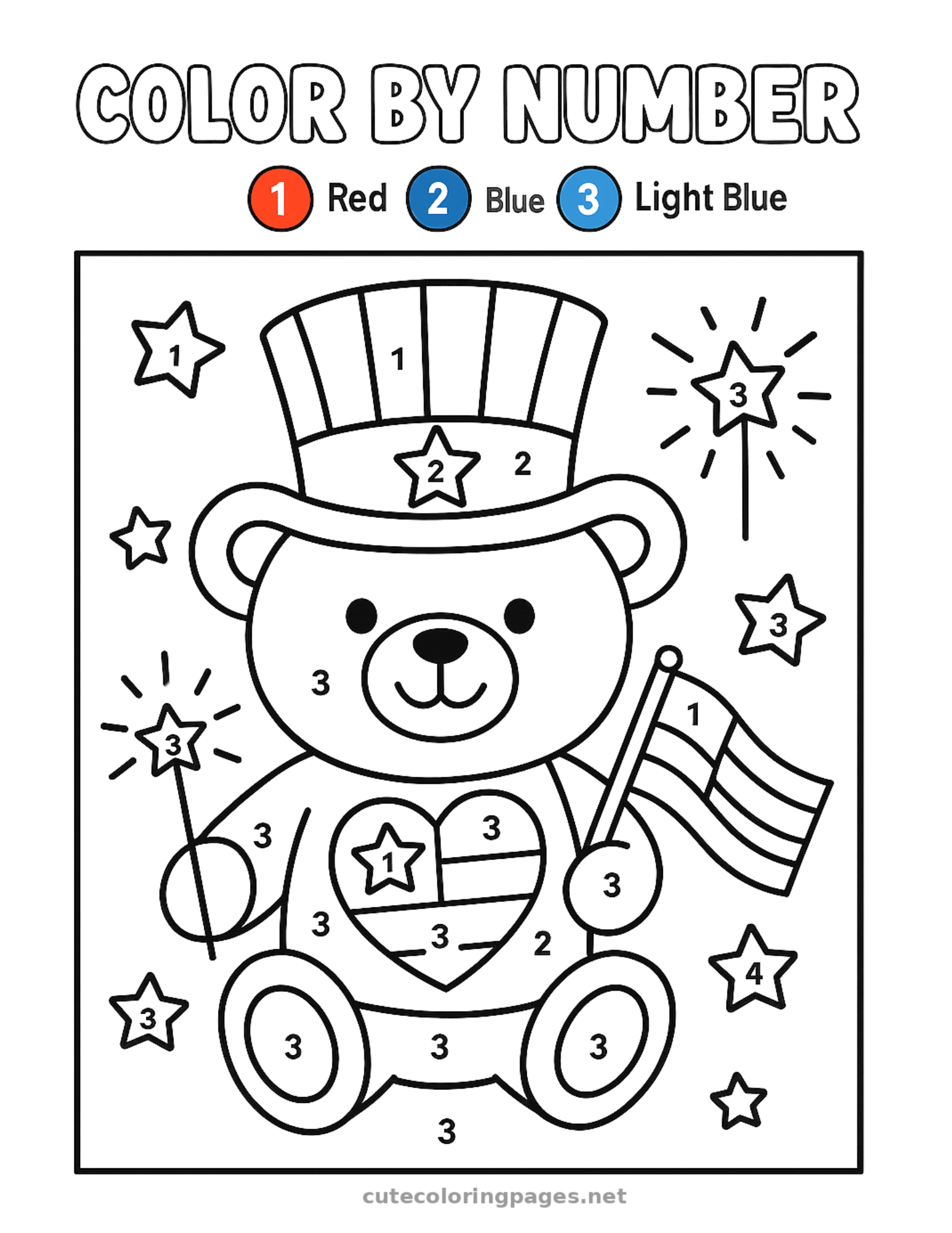 Patriotic teddy bear 4th of July color by number page for kids