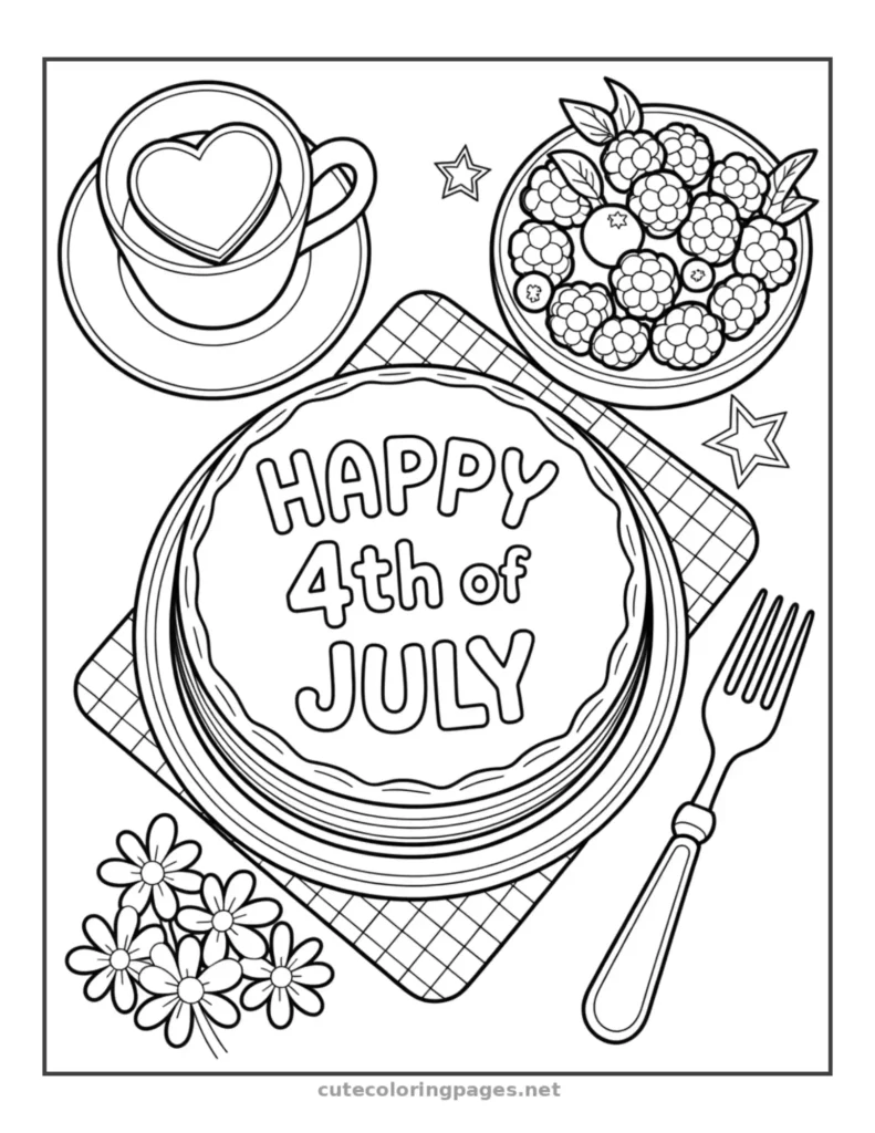 Slice of pie and cup of tea, happy 4th of July printable coloring page for kids