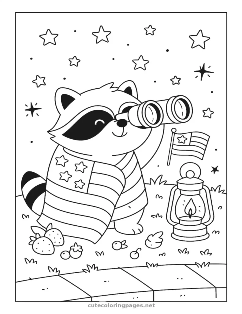 Raccoon under a starry sky holding an American flag, 4th of July coloring activity for kids