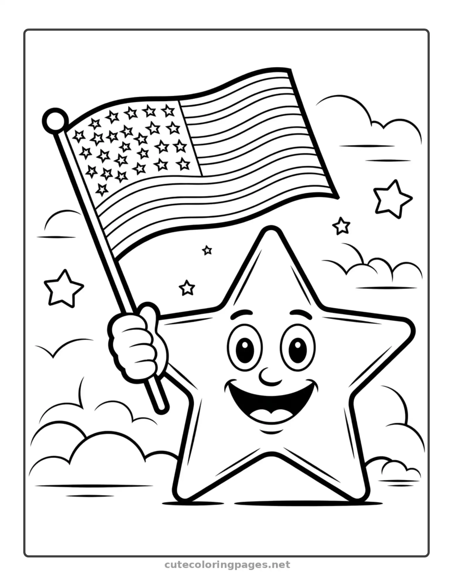 Cute star character holding an American flag, Fourth of July coloring page for kids