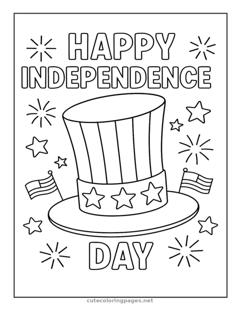 Uncle Sam’s hat with fireworks, happy Independence Day coloring page for children