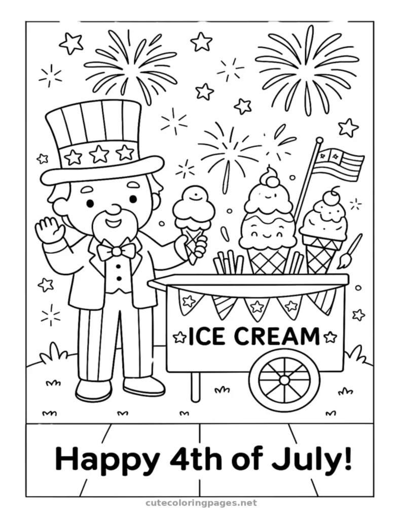 Uncle Sam serving ice cream from a cart, fun 4th of July coloring page for kids