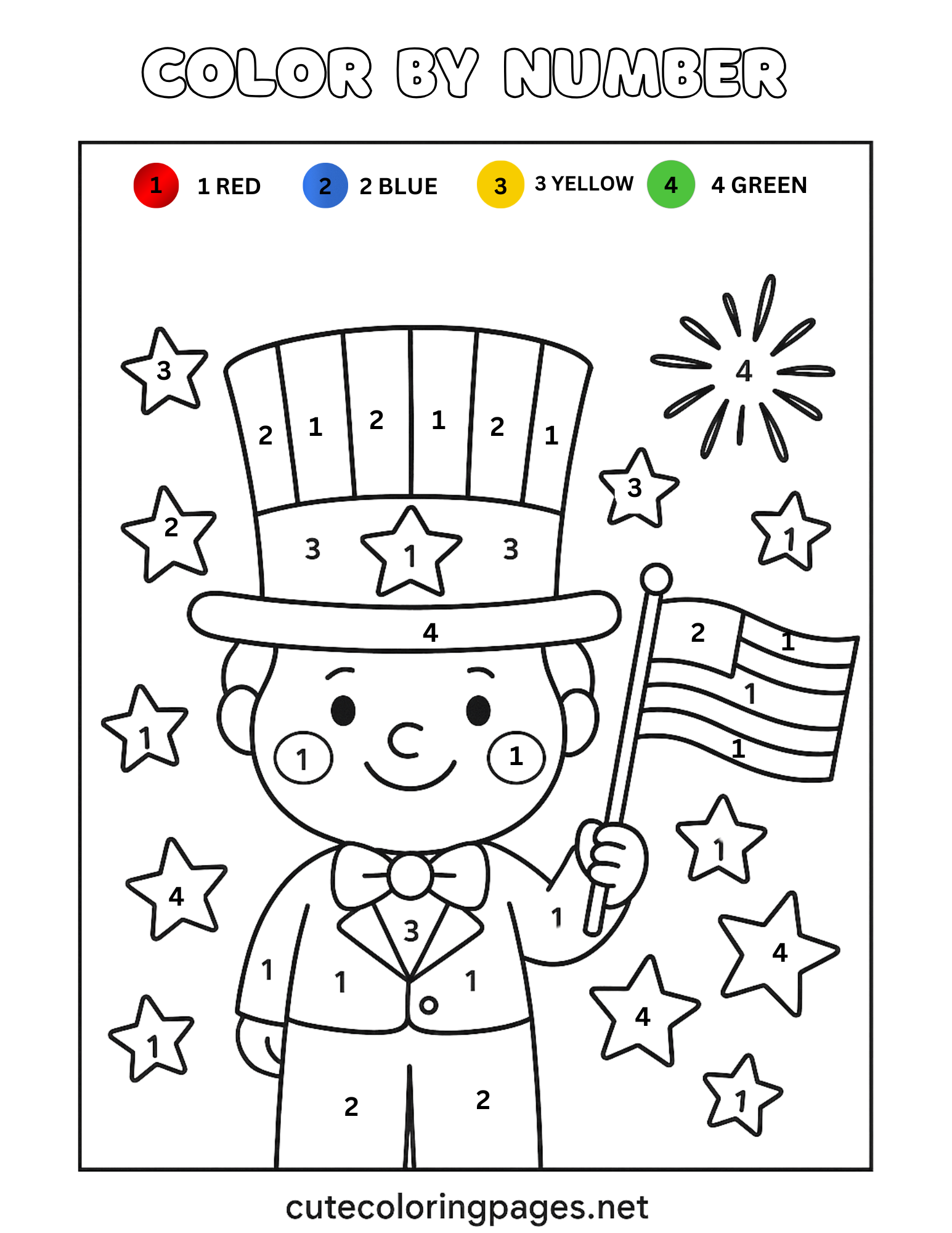 Uncle Sam patriotic boy holding flag 4th of July color by number page