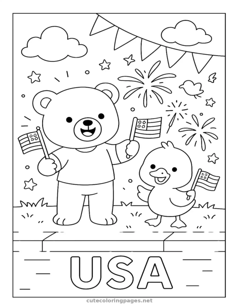 Cute bear and duck holding American flags, USA Independence Day coloring page for kids